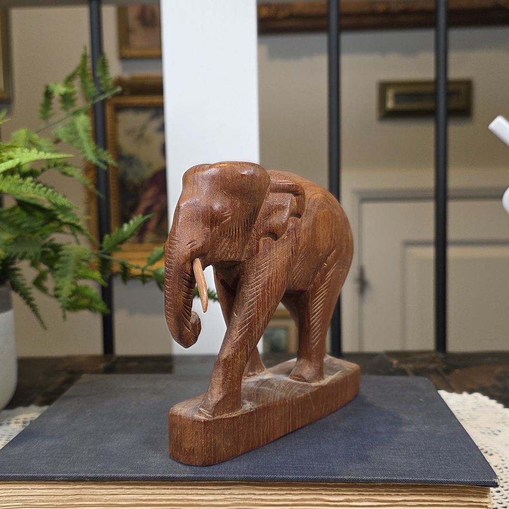 Vintage Thai Hand Carved Wood Elephant Statue 5" Trunk Down Wisdom Prosperity
